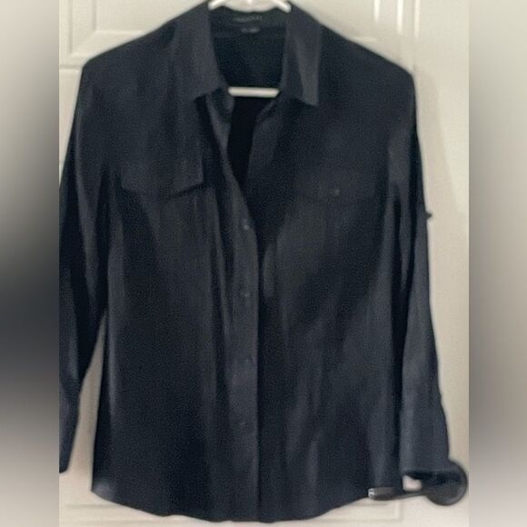 Theory Dervan Black Linen Blend Button-Up Shirt - Picture 1 of 7